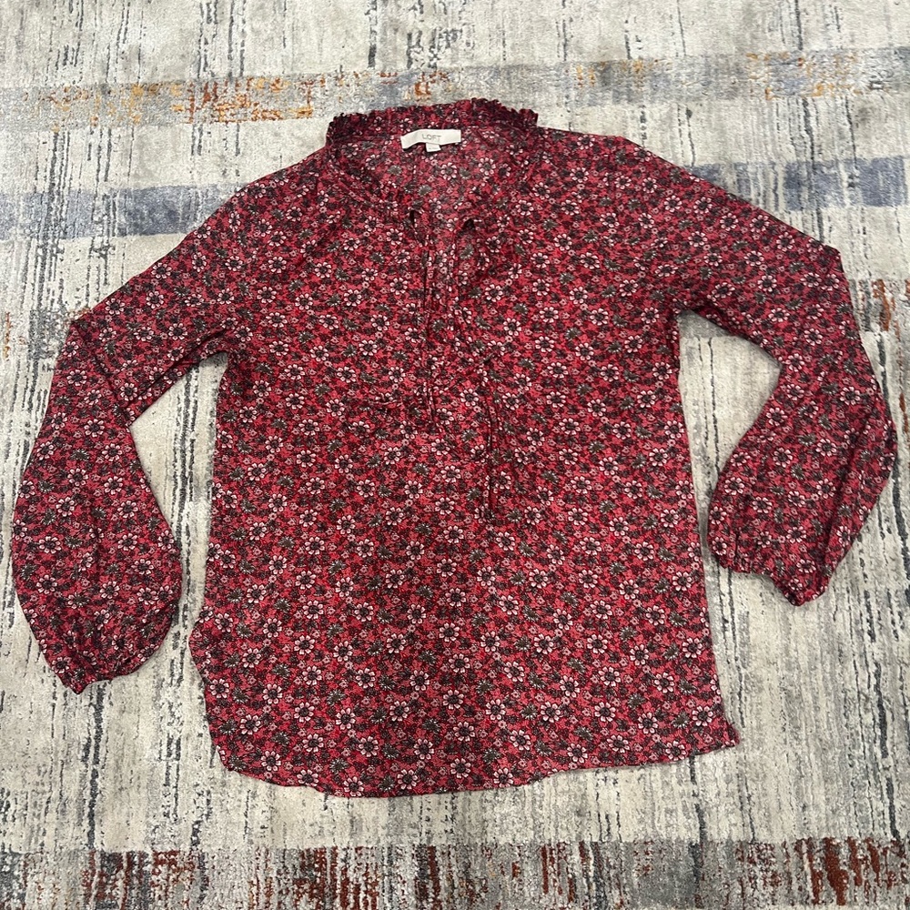 LOFT Medium Floral Ruffle Split Neck Blouse